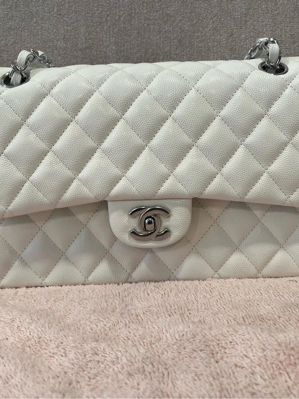 CHANEL Quilted Caviar Leather Flap Bag in White with Silver Hardware